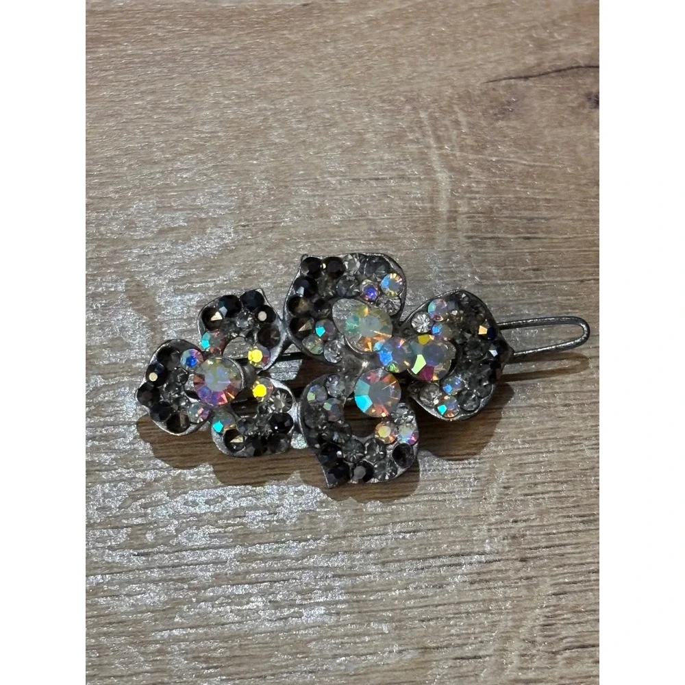 Vintage Silver Tone AB Iridescent Rhinestone Flower Hair Clip 2 